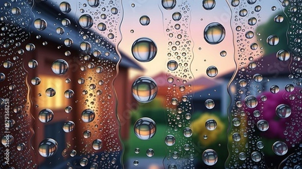 Fototapeta Water droplets on a window pane, blurring the sunset view of houses and gardens.