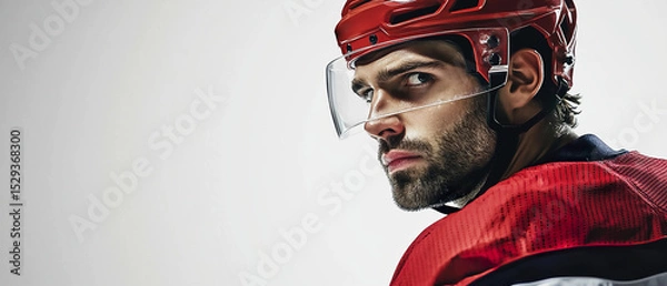 Obraz Close-up portrait of a hockey player in a red helmet and uniform, with a focused gaze and protective visor, set against a white studio backdrop. Sports banner and action themes.	