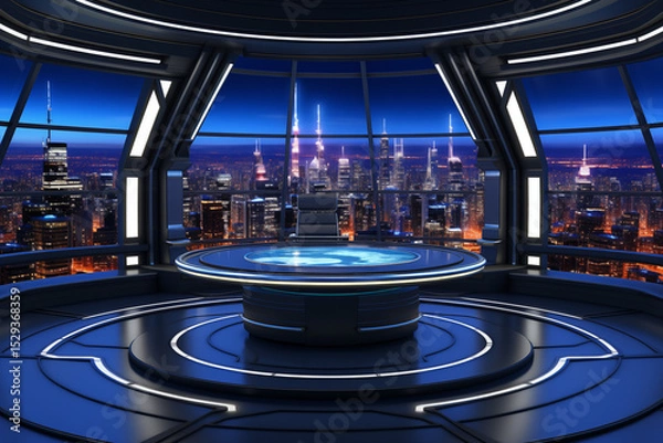 Fototapeta A futuristic news studio with large windows overlooking the city skyline at night, modern round tables and holographic screens.