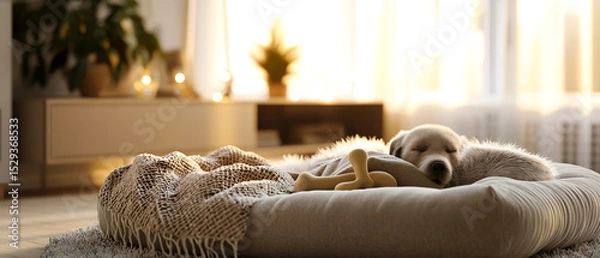Obraz Cute puppy sleeping in a cozy pet bed with a bone toy, placed on a apartment. Inviting indoor setting for pet care, home decor, or cozy lifestyle themes. 