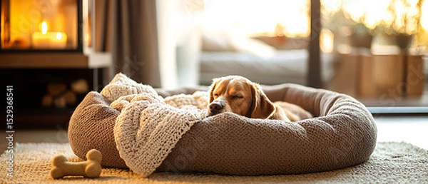 Obraz Cute puppy sleeping in a cozy pet bed with a bone toy, placed on a apartment. Inviting indoor setting for pet care, home decor, or cozy lifestyle themes. 