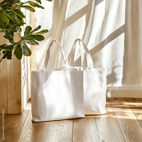 Obraz Minimal mockup with blank white tote bag on a cozy wooden floor with trendy potted plant bathed in soft natural light. Eco-friendly designs, branding, or artwork	
