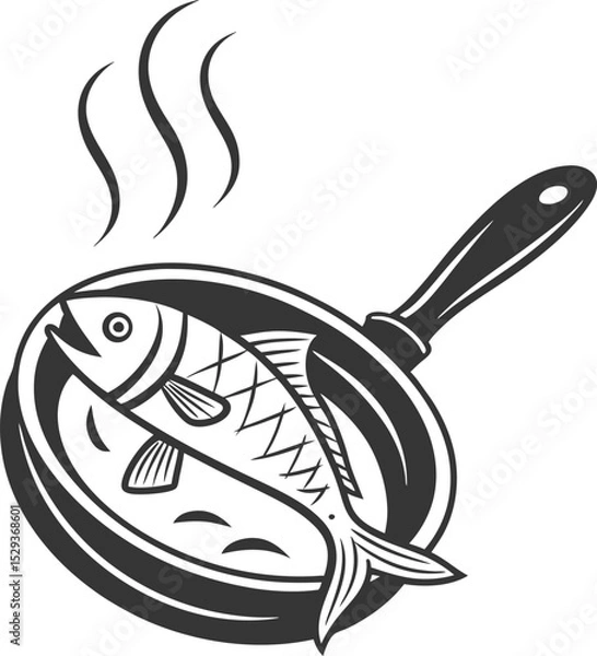 Fototapeta 
This collection of black and white illustrations depicts a fish being cooked in a frying pan, with steam rising from it.