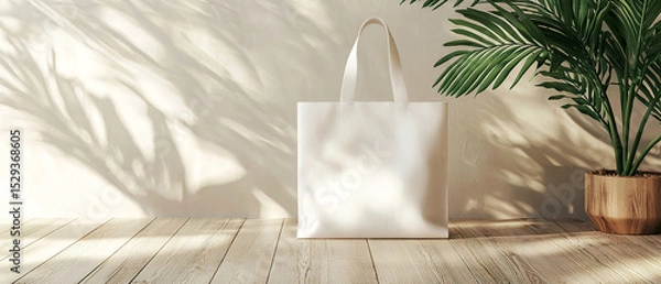 Obraz Minimal mockup with blank white tote bag on a cozy wooden floor with trendy potted plant bathed in soft natural light. Eco-friendly designs, branding, or artwork	