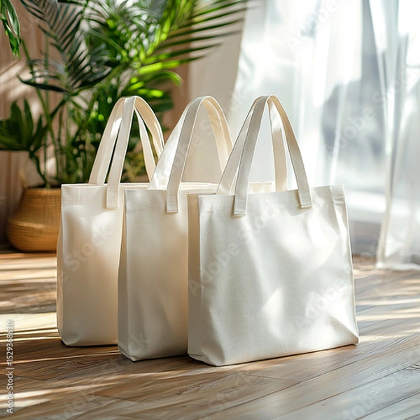 Obraz Minimal mockup with blank white tote bag on a cozy wooden floor with trendy potted plant bathed in soft natural light. Eco-friendly designs, branding, or artwork	