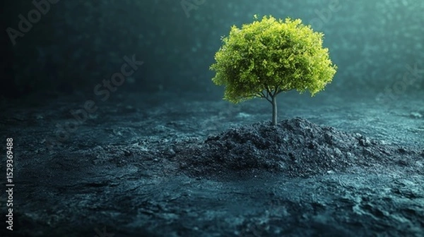 Fototapeta Lush Green Tree Growing from Dark Soil in Dim Light Background
