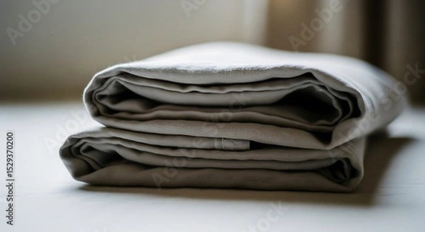 Obraz Folded Bed Sheets Stacked Neatly on Bed Ready for Use