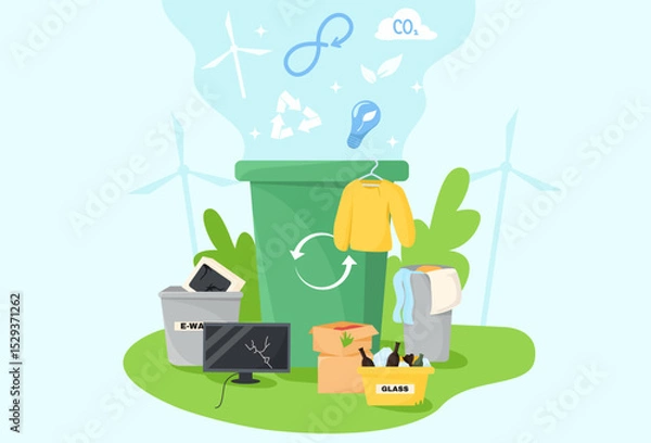 Fototapeta Various types of waste like e-waste, glass, and clothes sorted for recycling in green environment, clean energy concept. Vector illustration