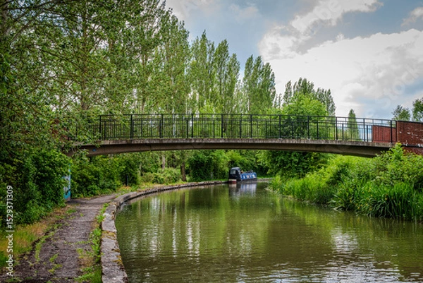 Fototapeta A small bridge arches over the Grand Union Canal in Milton Keynes, surrounded by lush greenery 