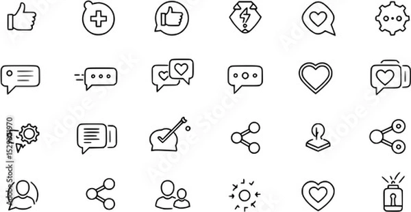 Fototapeta Set of generic social media user interface icons. Like, comment, share and save icons. Social media flat icons. Vector, flat outline icon isolated on white, 10 eps.