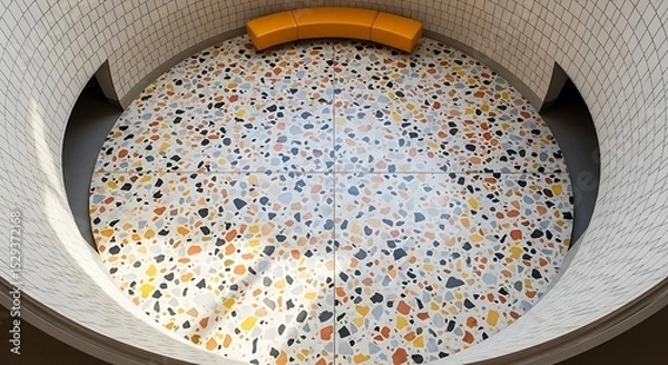 Obraz Terrazzo Tile Flooring with Orange Bench in Circular Architectural Space