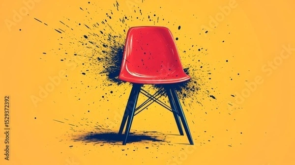 Fototapeta Vibrant Red Chair with Artistic Splash on Bright Yellow Background