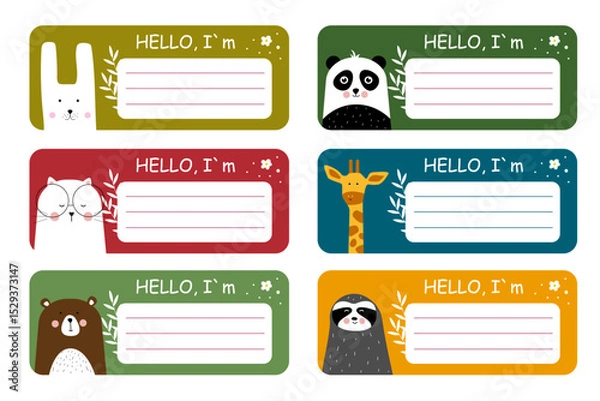 Fototapeta Name tag set, school stickers for kids with cute animal - panda, bear, sloth, giraffe, cat, hare. Notebook Labels. Vector illustration