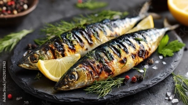 Obraz Foods reduce stroke risk. Grilled fish with lemon served on a slate plate, garnished with herbs and spices.