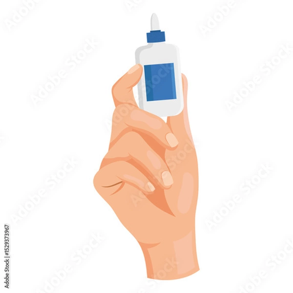Fototapeta Human hand holding a small glue bottle with blue label, flat graphic style on white background. Concept of tool, adhesive, crafting. Vector illustration