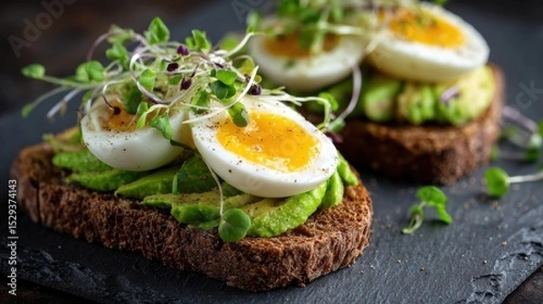 Obraz Foods reduce stroke risk. Avocado toast topped with soft-boiled eggs and microgreens on dark bread.