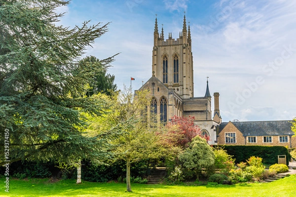 Fototapeta A view towards the Cathedral from the Abbey gardens at Bury Saint Edmunds on a bright day in springtime