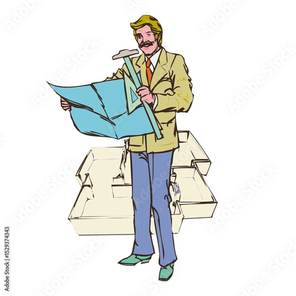 Fototapeta Architectural Design Professional Reviewing Blueprints With Measuring Tools and Building Plans