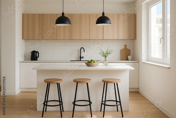 Fototapeta Modern minimalist kitchen interior with wooden elements and bar stools.