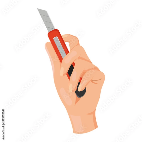 Fototapeta Human hand holding a red utility knife with silver blade, flat graphic style, isolated on white background. Concept of safety and tools. Vector illustration