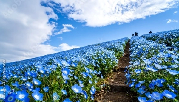 Fototapeta Blue flower hill path with spring sky.