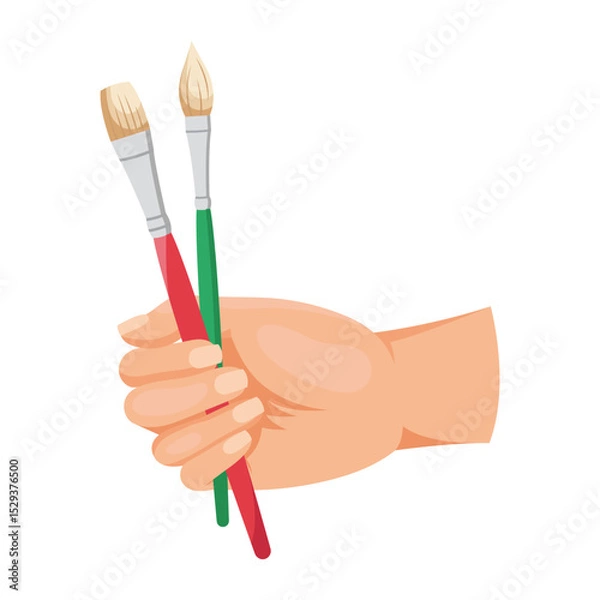 Fototapeta Hand gripping two paintbrushes with red and green handles in flat style on white background. Concept of art, creativity, and painting. Vector illustration