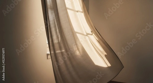 Obraz Sheer Curtain Flowing Gently in Sunlight Through Window at Home