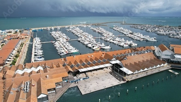 Fototapeta Hillarys, Australia – June 3, 2025: Aerial View of The Hillarys Boat Harbour of Perth CBD
