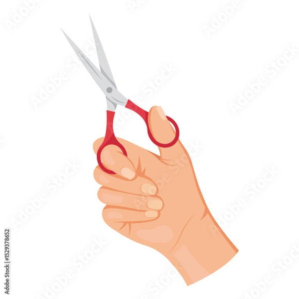 Fototapeta Human hand holding small red-handled scissors in upright position, flat graphic style on white background. Concept of cutting or crafting. Vector illustration