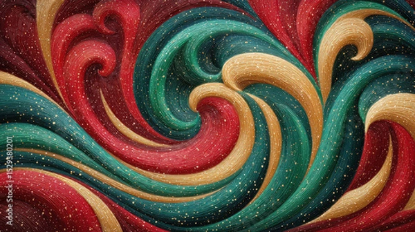 Fototapeta Colorful abstract swirl design with vibrant red, green, and gold tones, evoking energy