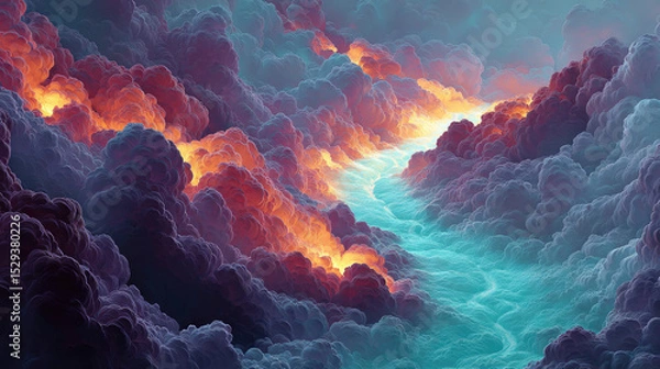 Fototapeta Vibrant landscape of swirling clouds and glowing rivers, evoking sense of wonder and beauty