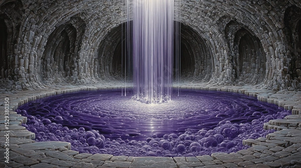 Fototapeta Mystical underground chamber features vibrant purple pool with cascading water, creating serene