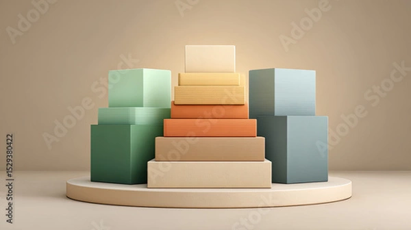 Fototapeta Modern geometric shapes in soft colors create stylish display on neutral background
