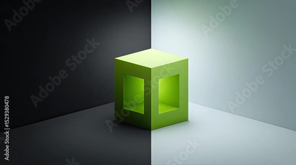 Fototapeta Vibrant green cube stands out against contrasting black and light gray background, creating