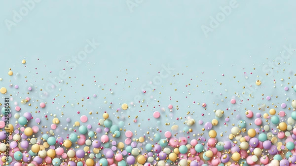 Fototapeta Colorful spheres and confetti create festive atmosphere against light blue background