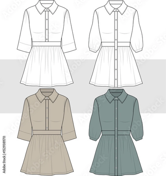 Obraz Women's Pleated Shirt Dress set technical fashion design drawing, illustration. Front view, Cad, Mockup set.