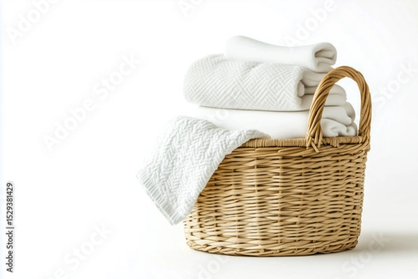 Fototapeta A stylish wicker basket filled with soft, clean white towels, ideal for home decor and laundry organization.