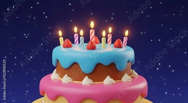 Obraz Cute Cartoon Birthday Cake with Candles (5K)