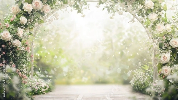 Fototapeta A wooden walkway leading to a lush garden with a white archway adorned with white roses and green foliage.
