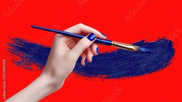 Obraz Sleek studio photo of a human hand gripping a paintbrush with blue paint stroke on a bold red background