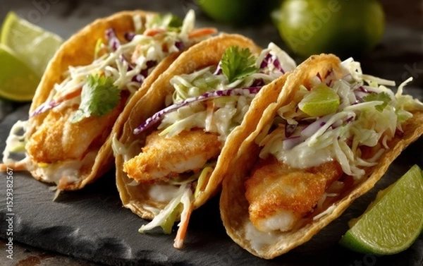 Obraz Crispy fish tacos topped with fresh slaw and lime wedges on a slate board with softly blurred street food market background
