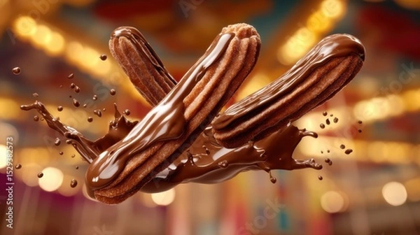 Obraz Levitating churros with glossy chocolate sauce splatters against a softly blurred carnival food stall background