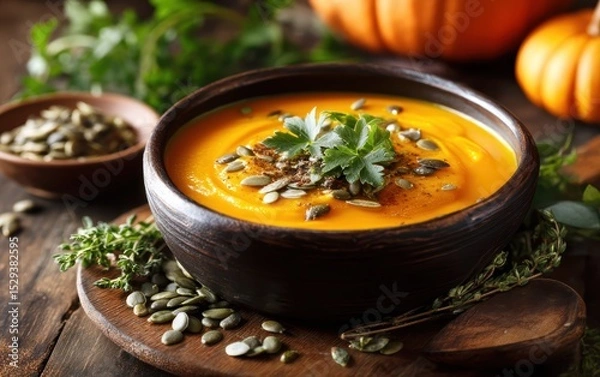 Obraz Steaming bowl of creamy pumpkin soup topped with pumpkin seeds on a wooden table with softly blurred cozy kitchen background