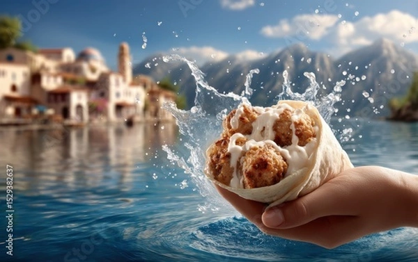 Obraz Weightless falafel wrap with tahini sauce splashes over a softly blurred Mediterranean cafÃ© backdrop