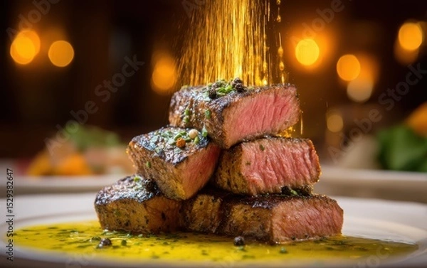 Obraz Weightless grilled steak slice surrounded by peppercorn sauce jets against a softly blurred upscale steakhouse background