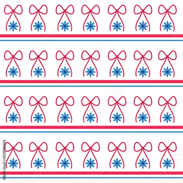 Fototapeta Preppy patriotic red bows with blue flowers with stripes seamless pattern in American flag colors. For independence day print, fabric and textile