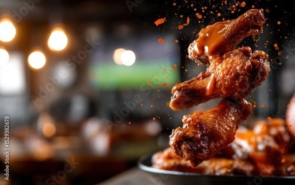 Obraz Floating chicken wings with spicy buffalo sauce splashes over a softly blurred sports bar backdrop