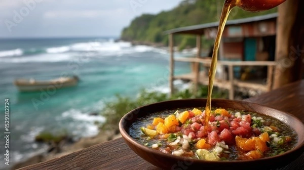 Obraz Levitating ceviche with citrus marinade jets over a softly blurred coastal seafood shack backdrop