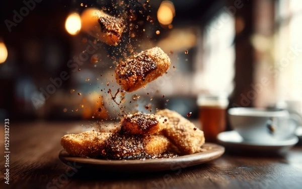 Obraz Hovering fish and chips with malt vinegar spray over a softly blurred nautical pub interior background