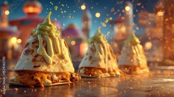 Obraz Floating quesadilla wedges with guacamole dollop splatters against a softly blurred Mexican cantina background